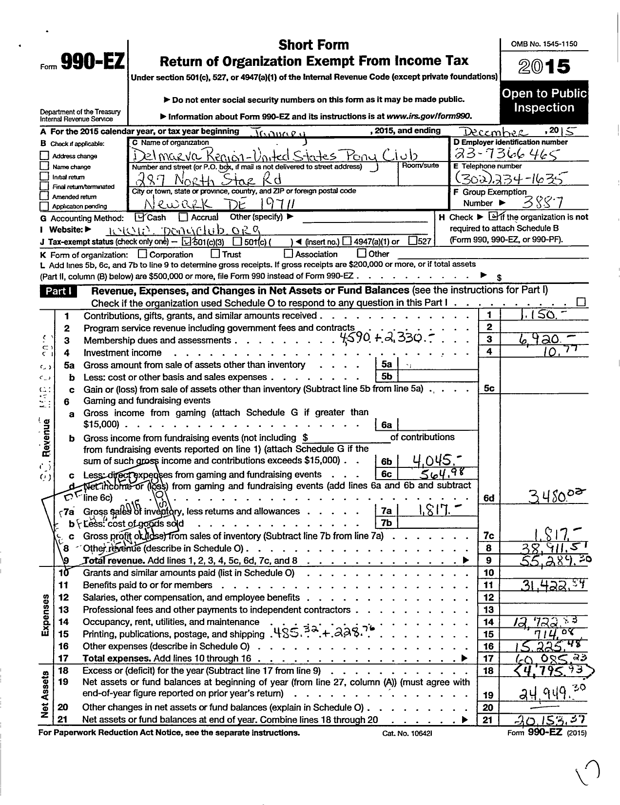 Image of first page of 2015 Form 990EZ for THE UNITED STATES PONY CLUBS INC DelMarVa Region