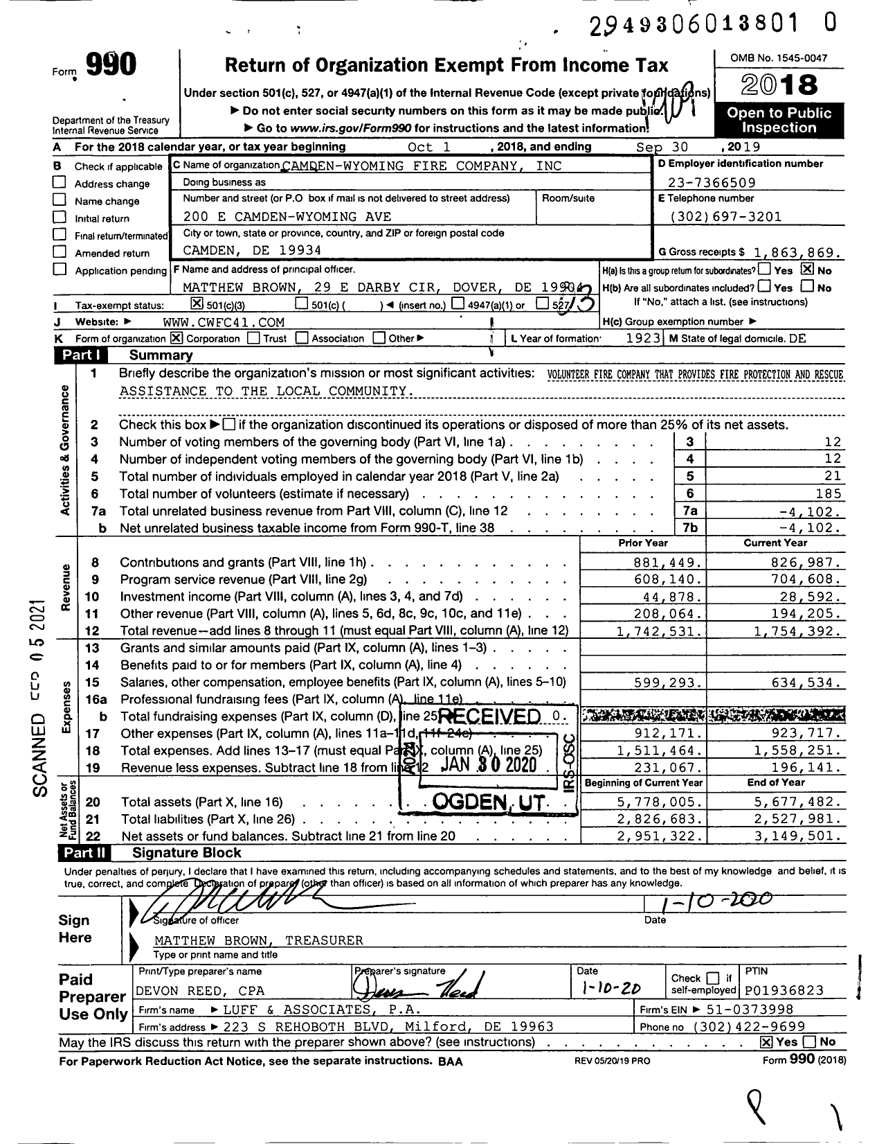 Image of first page of 2018 Form 990 for Camden-Wyoming Fire Company