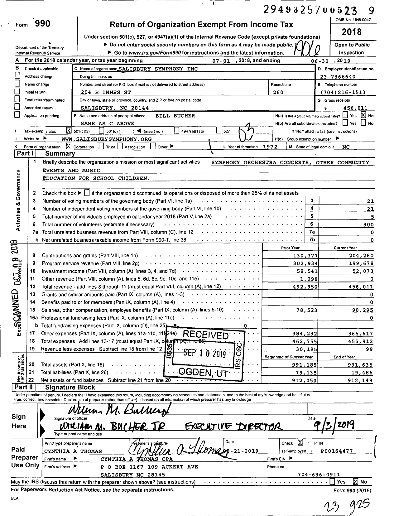 Image of first page of 2018 Form 990 for Salisbury Symphony