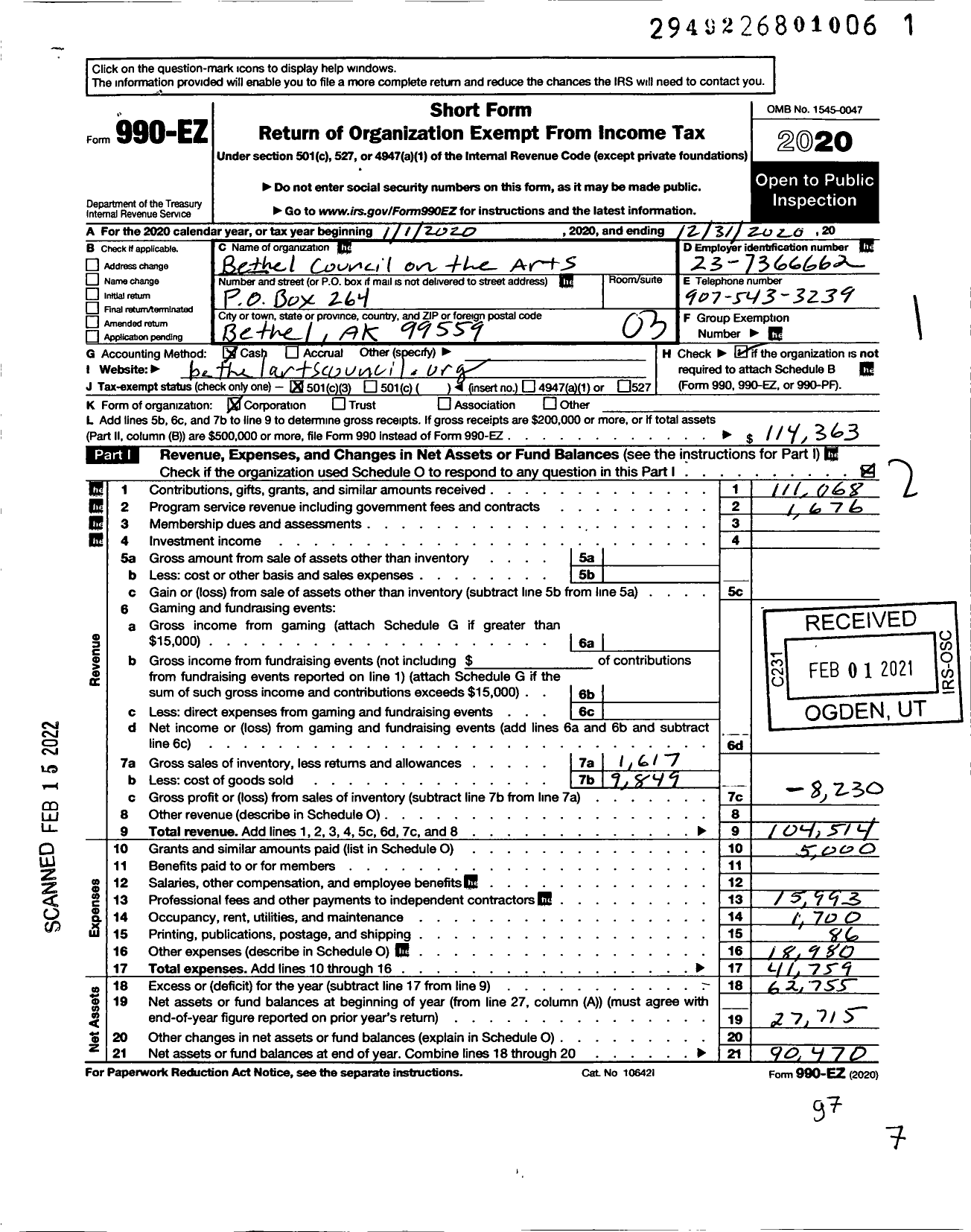 Image of first page of 2020 Form 990EZ for Southwest Alaska Arts Group