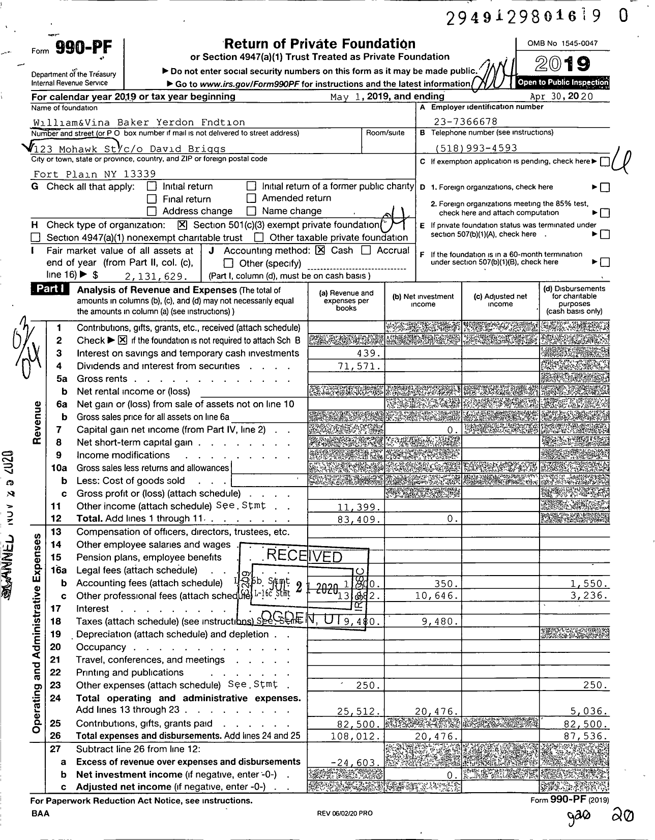 Image of first page of 2019 Form 990PF for William&Vina Baker Yerdon Fndtion