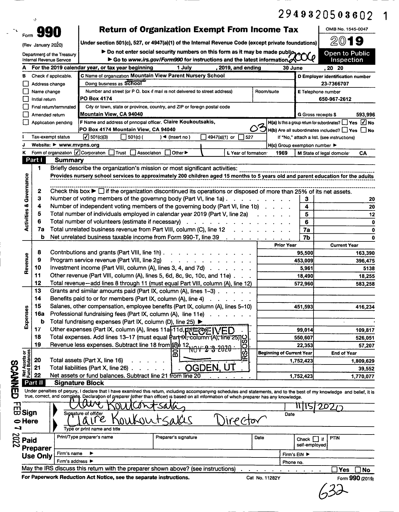 Image of first page of 2019 Form 990 for Mountain View Parent Nursery School