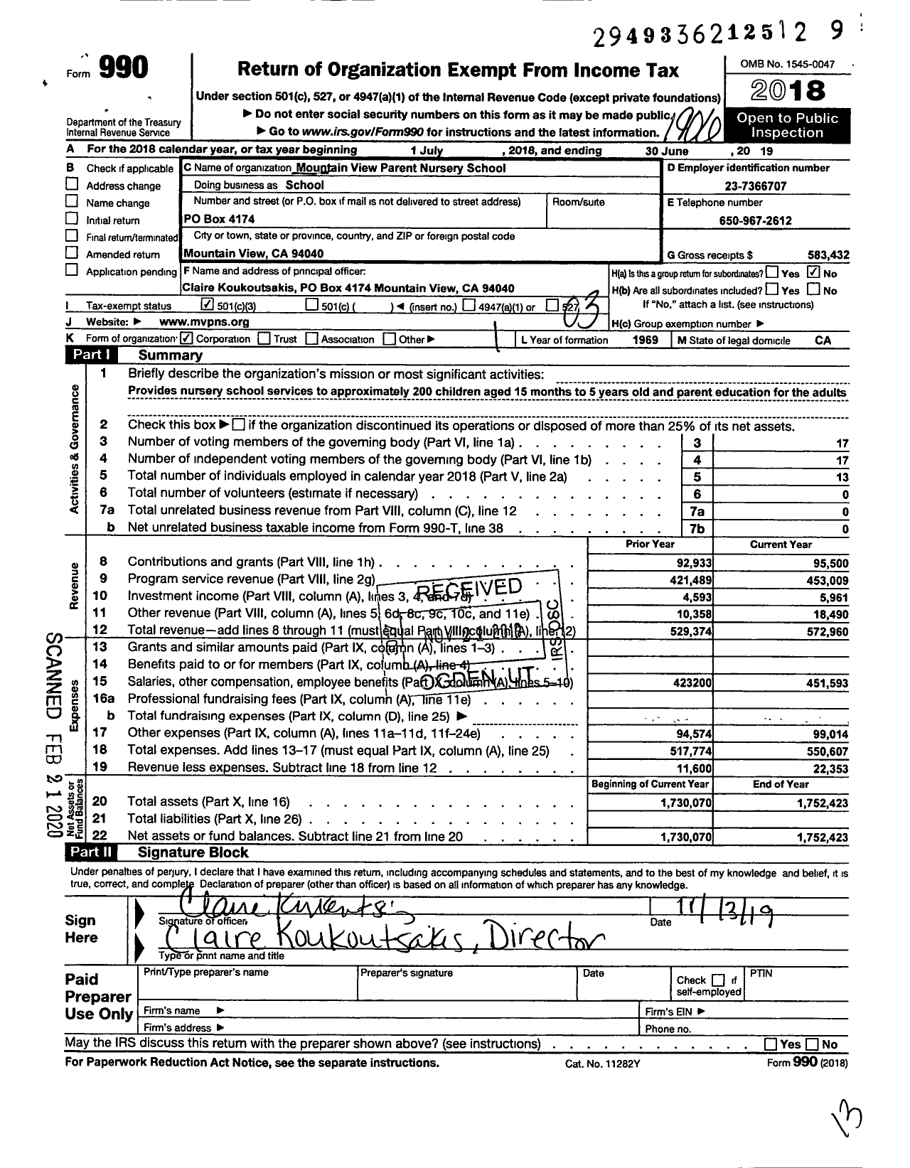 Image of first page of 2018 Form 990 for Mountain View Parent Nursery School