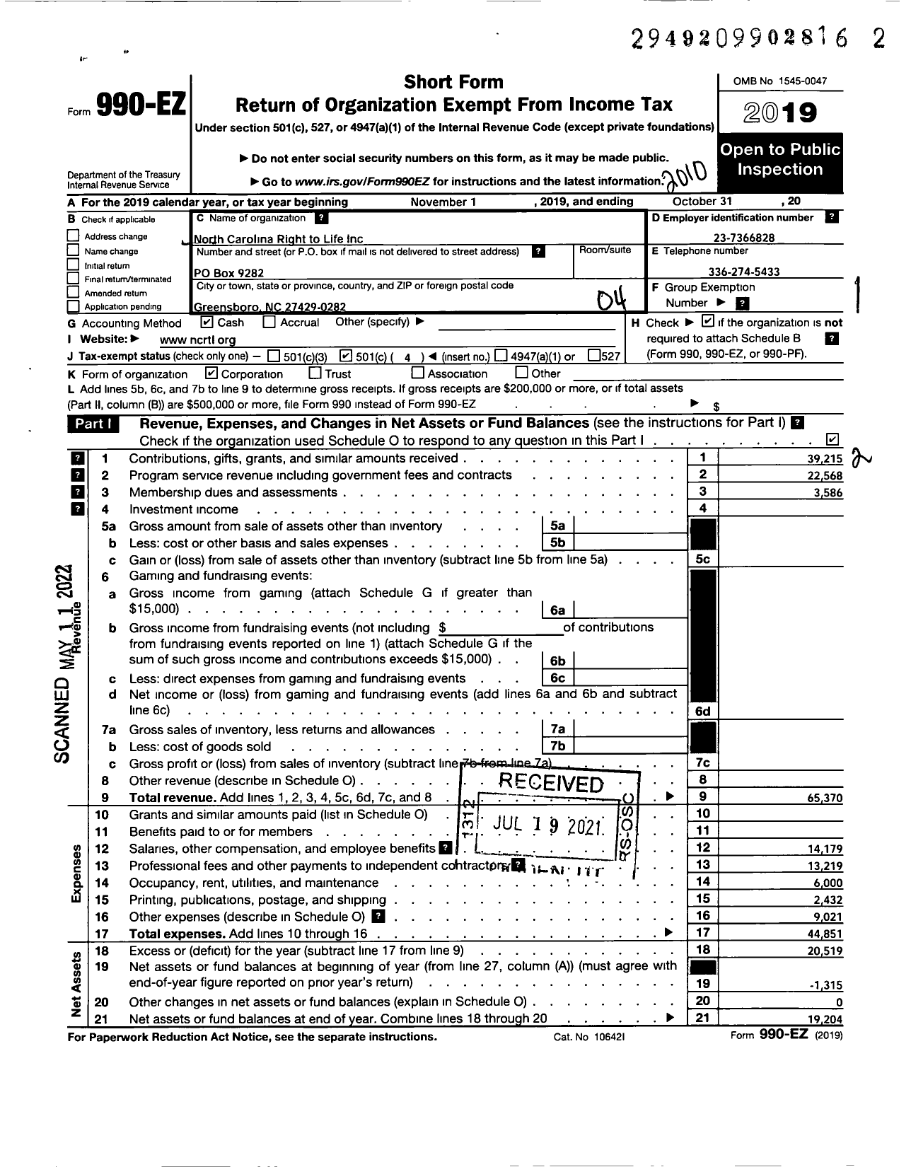 Image of first page of 2019 Form 990EO for North Carolina Right To Life