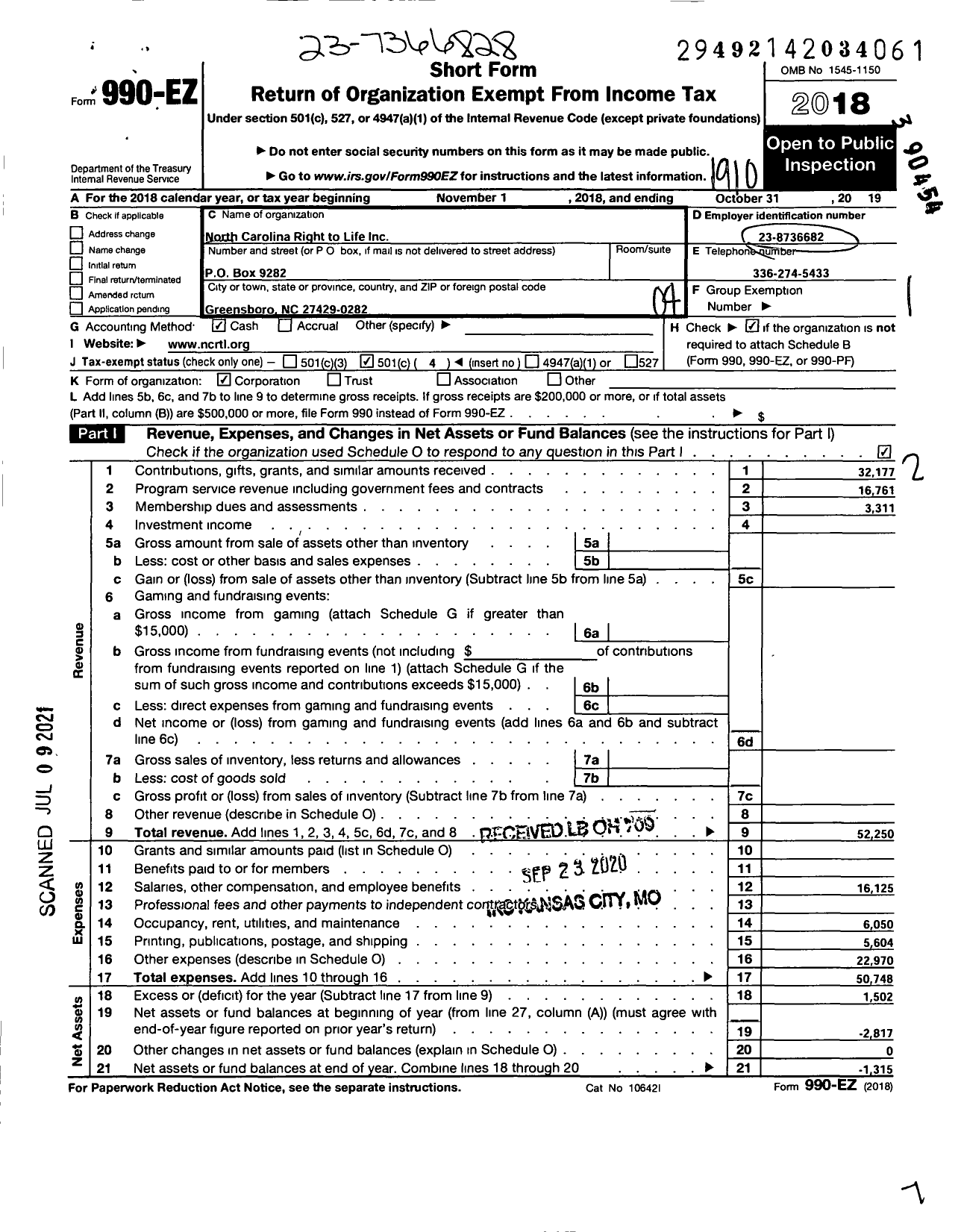 Image of first page of 2018 Form 990EO for North Carolina Right To Life