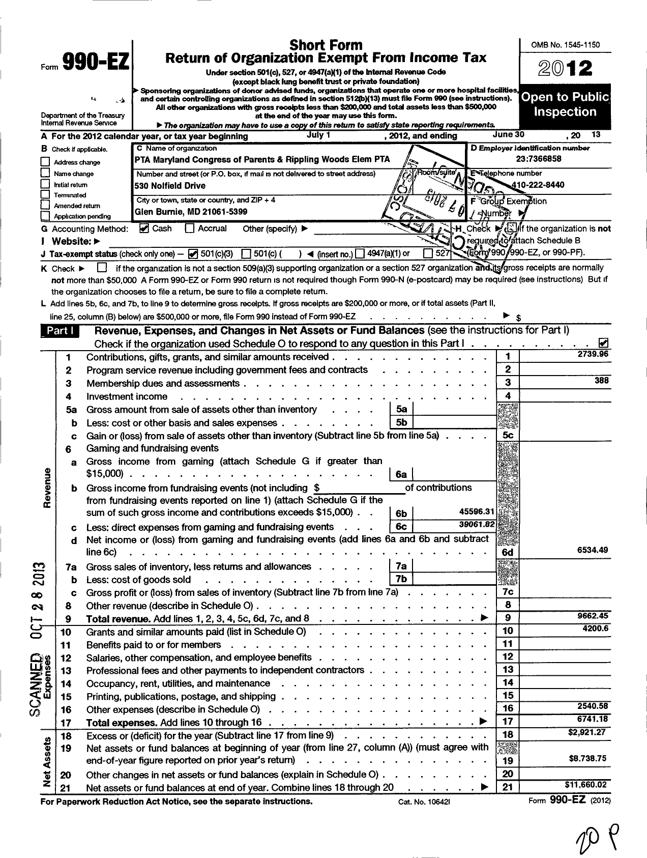 Image of first page of 2012 Form 990EZ for PTA Maryland Congress of Parents and Teachers / Rippling Woods Elementary PTA