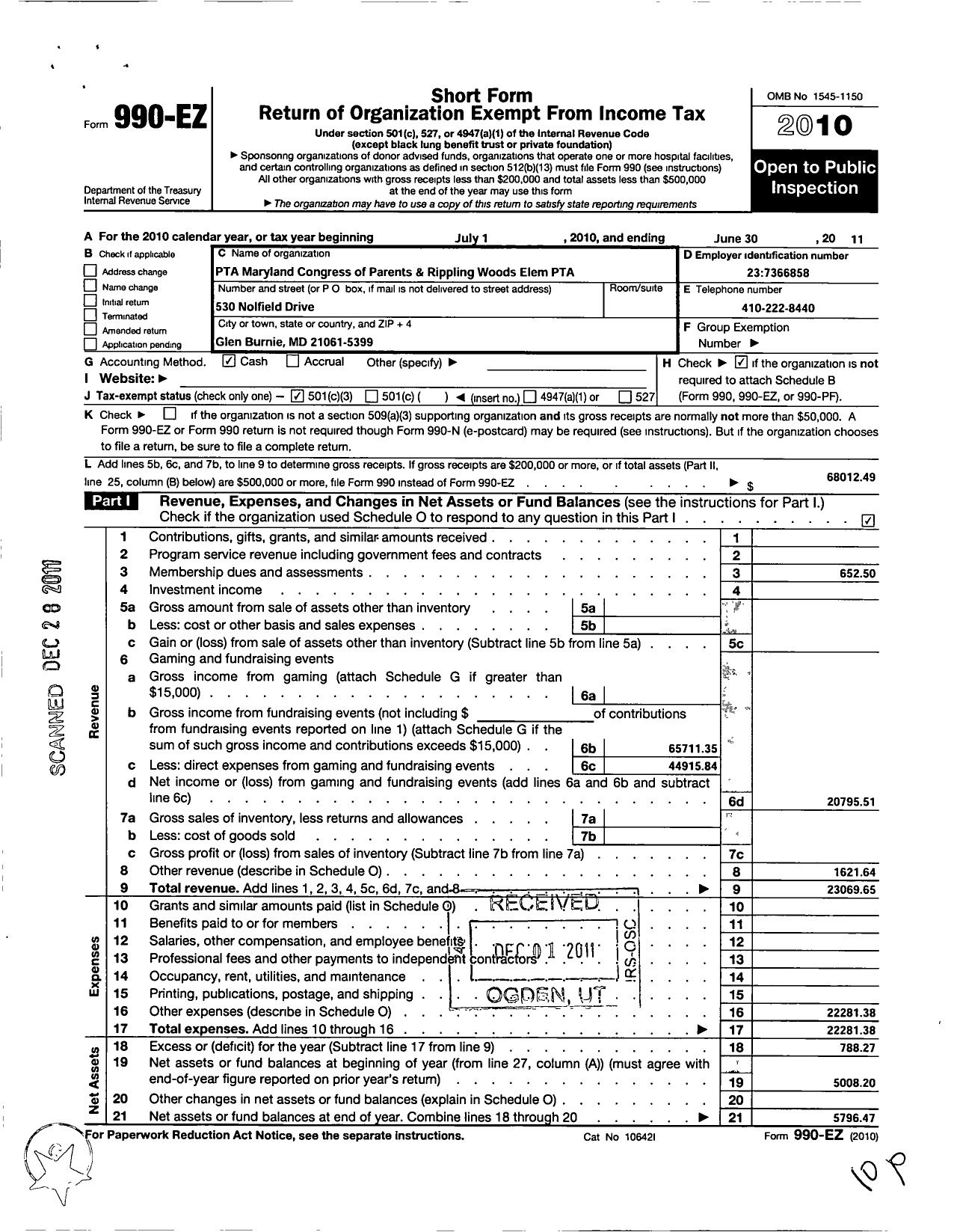 Image of first page of 2010 Form 990EZ for PTA Maryland Congress of Parents and Teachers / Rippling Woods Elementary PTA