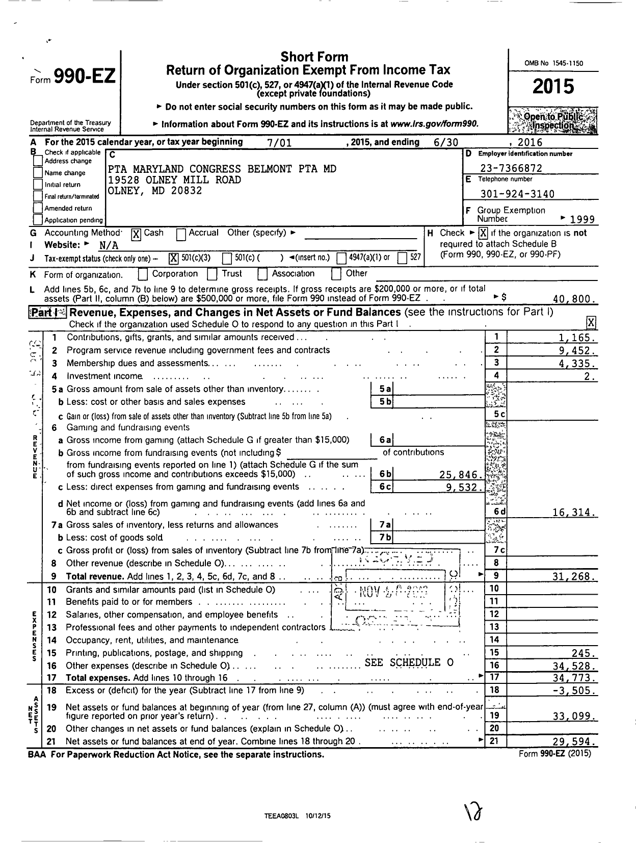 Image of first page of 2015 Form 990EZ for PTA Delaware Congress / Belmont Elementary PTA