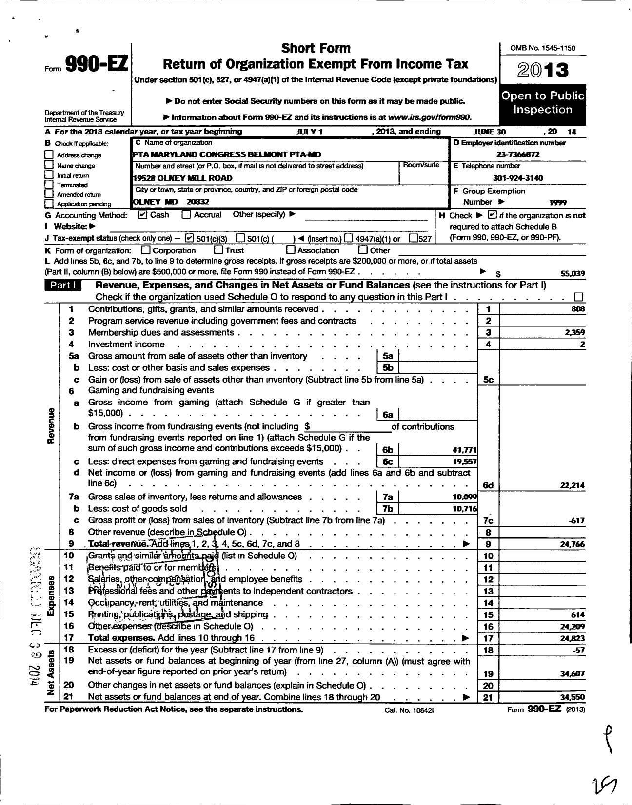 Image of first page of 2013 Form 990EZ for PTA Delaware Congress / Belmont Elementary PTA