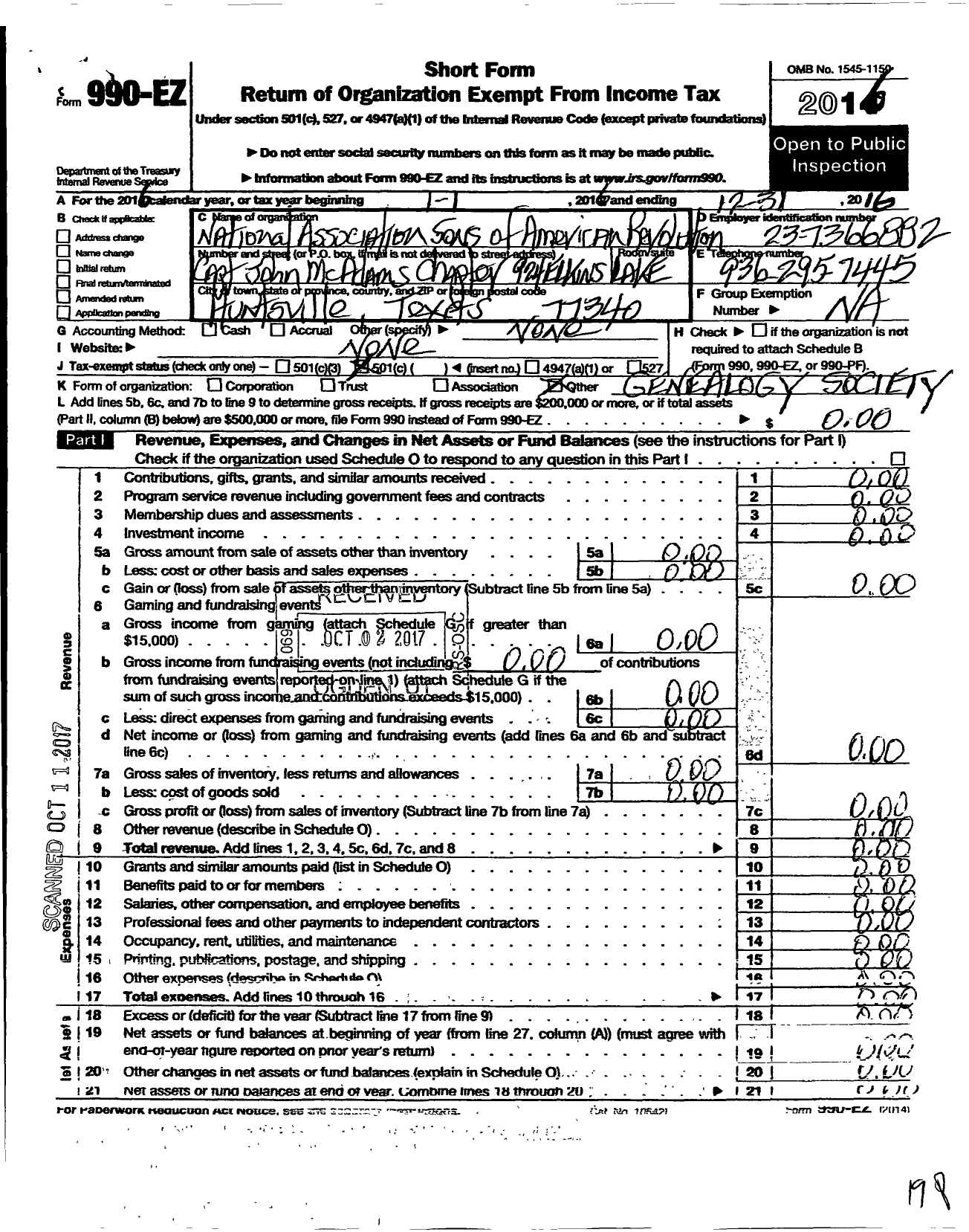 Image of first page of 2016 Form 990EO for National Society of the Sons of the American Revolution - Chapter 27 Captain John Mcadams