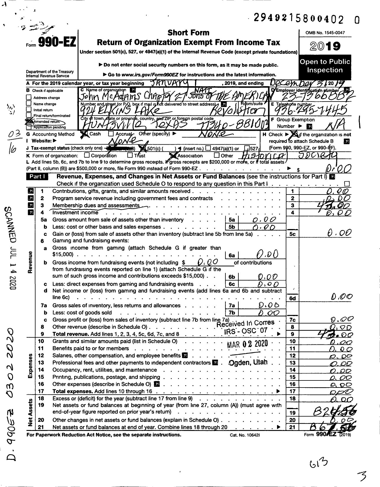 Image of first page of 2019 Form 990EZ for National Society of the Sons of the American Revolution - Chapter 27 Captain John Mcadams