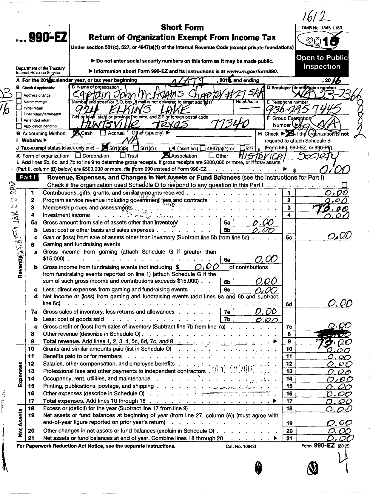 Image of first page of 2016 Form 990EZ for National Society of the Sons of the American Revolution - Chapter 27 Captain John Mcadams