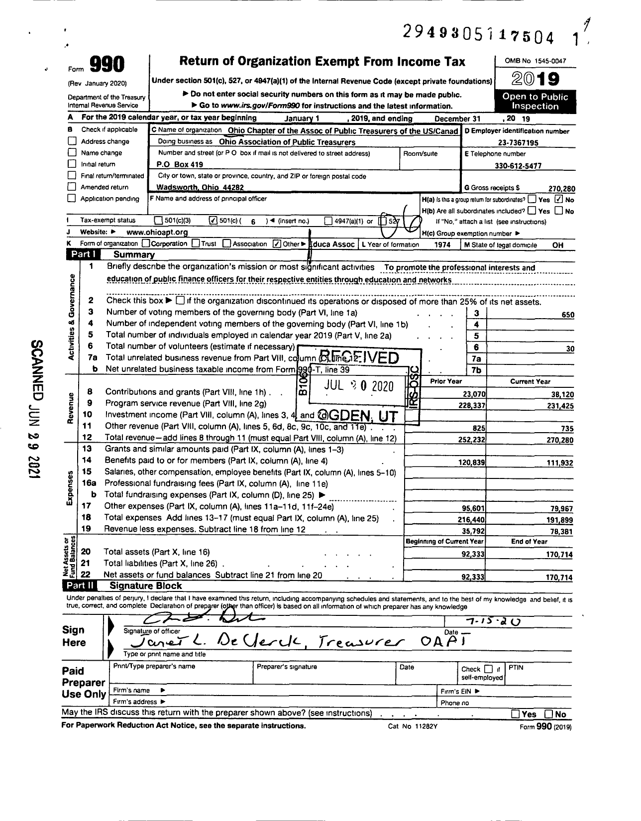 Image of first page of 2019 Form 990O for Ohio Association of Public Treasurers of the USCanada Ohio Association of Public Treasurers