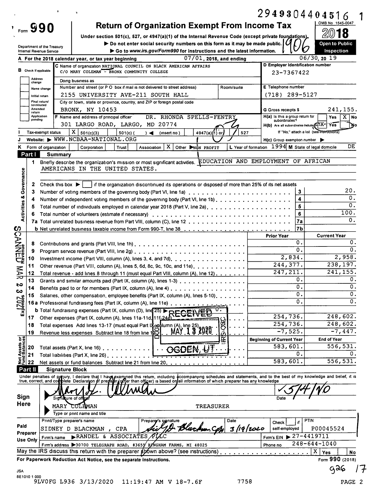 Image of first page of 2018 Form 990 for National Council on Black American Affairs