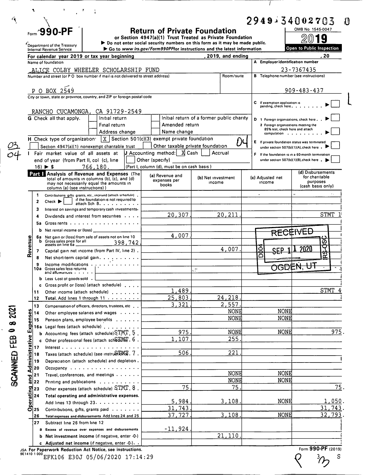 Image of first page of 2019 Form 990PF for Wheeler Alice Colby Tuw