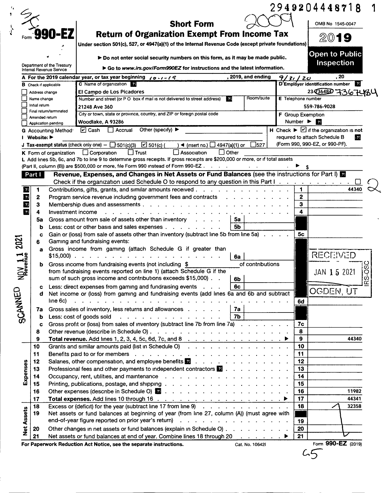 Image of first page of 2019 Form 990EO for El Campo de Los Picadores