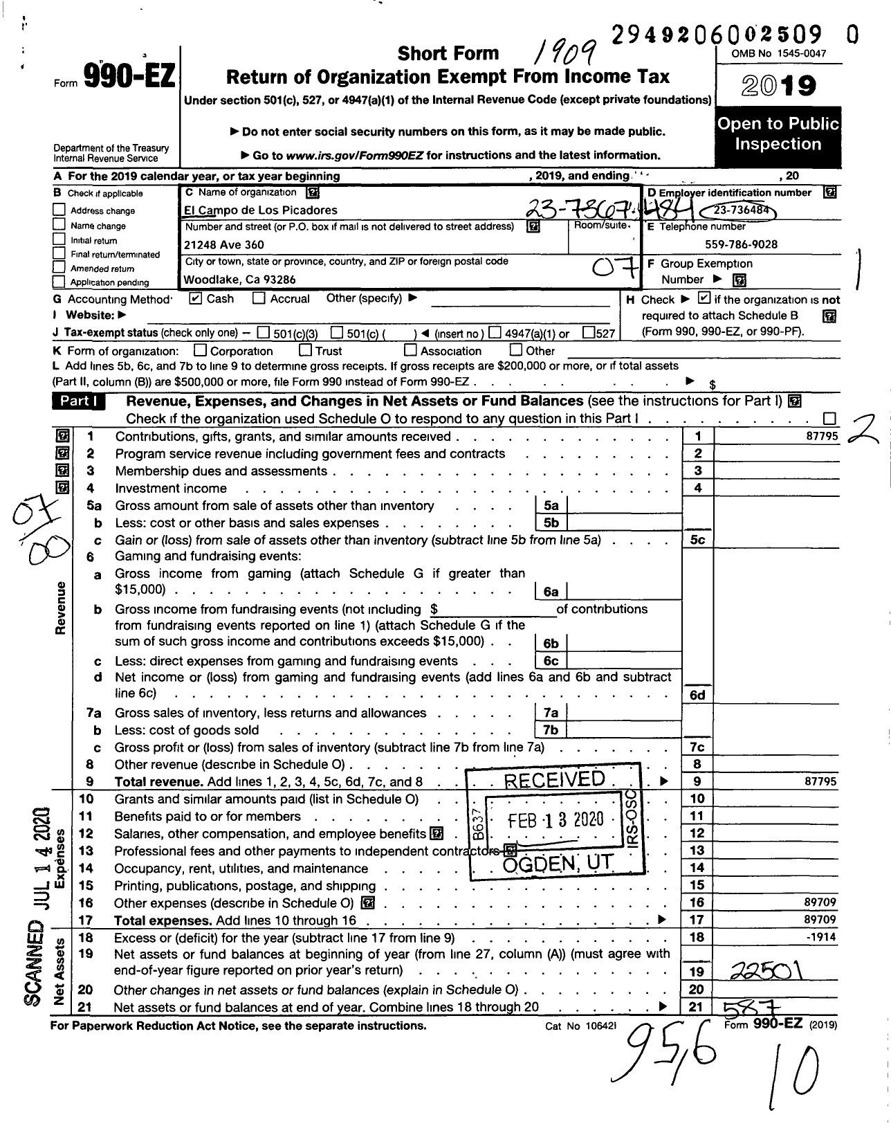 Image of first page of 2018 Form 990EO for El Campo de Los Picadores