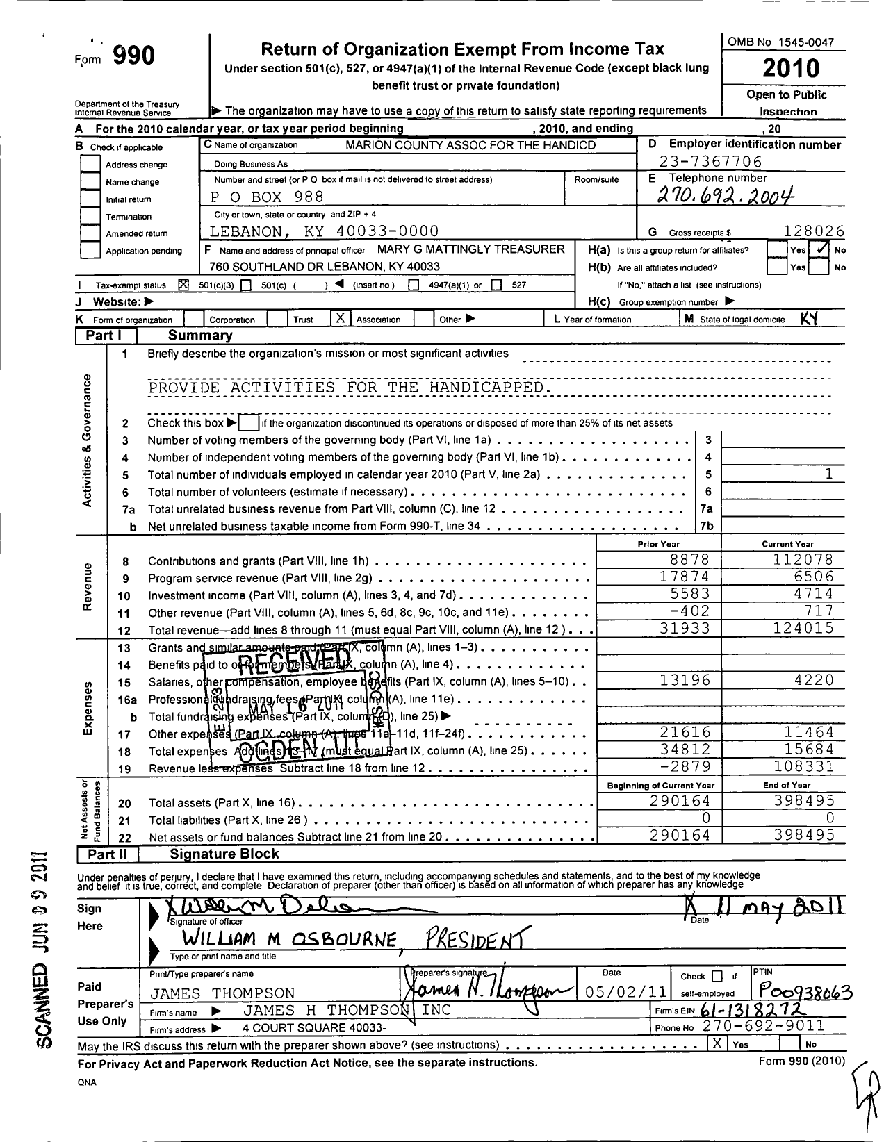 Image of first page of 2010 Form 990 for Marion County Association for the Handicapped