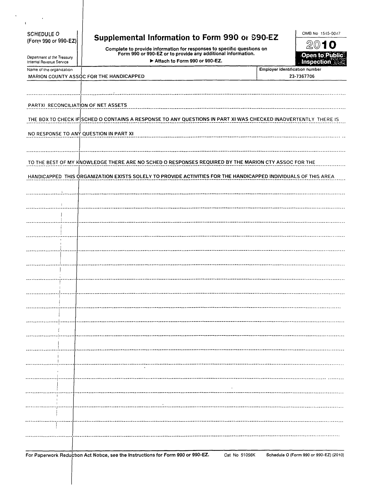 Image of first page of 2010 Form 990R for Marion County Association for the Handicapped