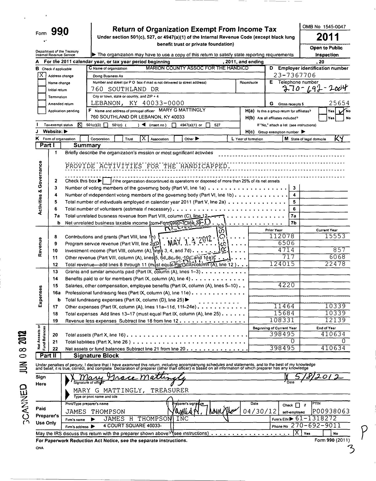 Image of first page of 2011 Form 990 for Marion County Association for the Handicapped