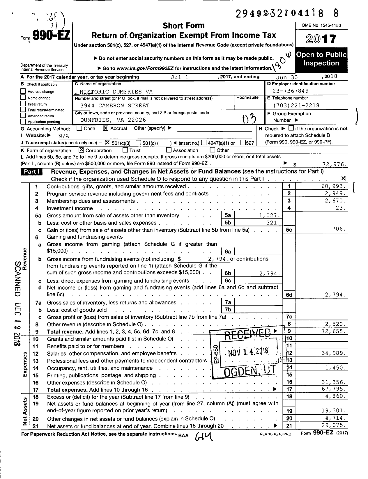 Image of first page of 2017 Form 990EZ for Historic Dumfries Va