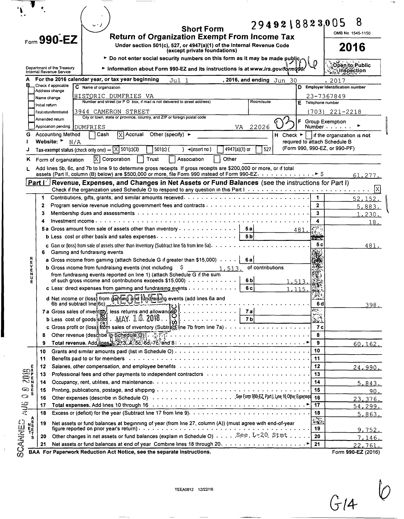 Image of first page of 2016 Form 990EZ for Historic Dumfries Va