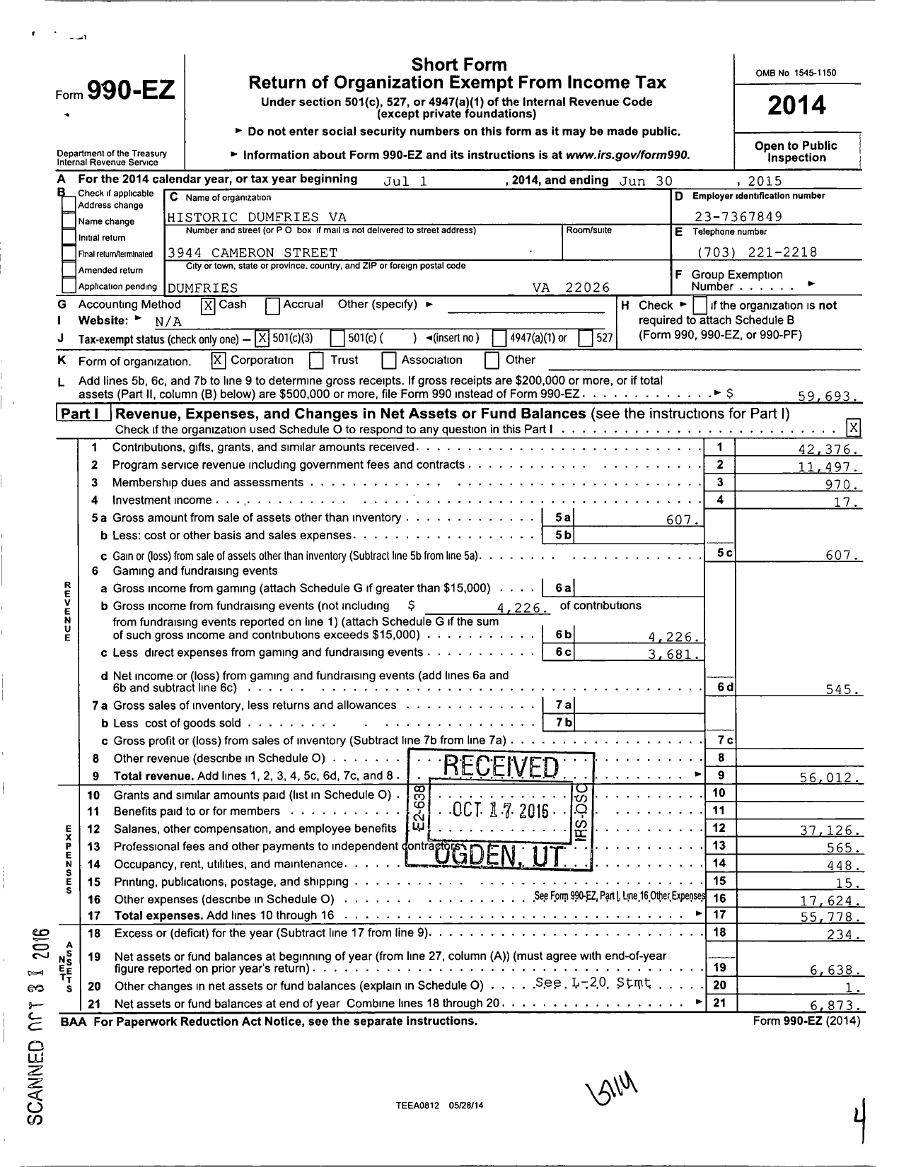 Image of first page of 2014 Form 990EZ for Historic Dumfries Va