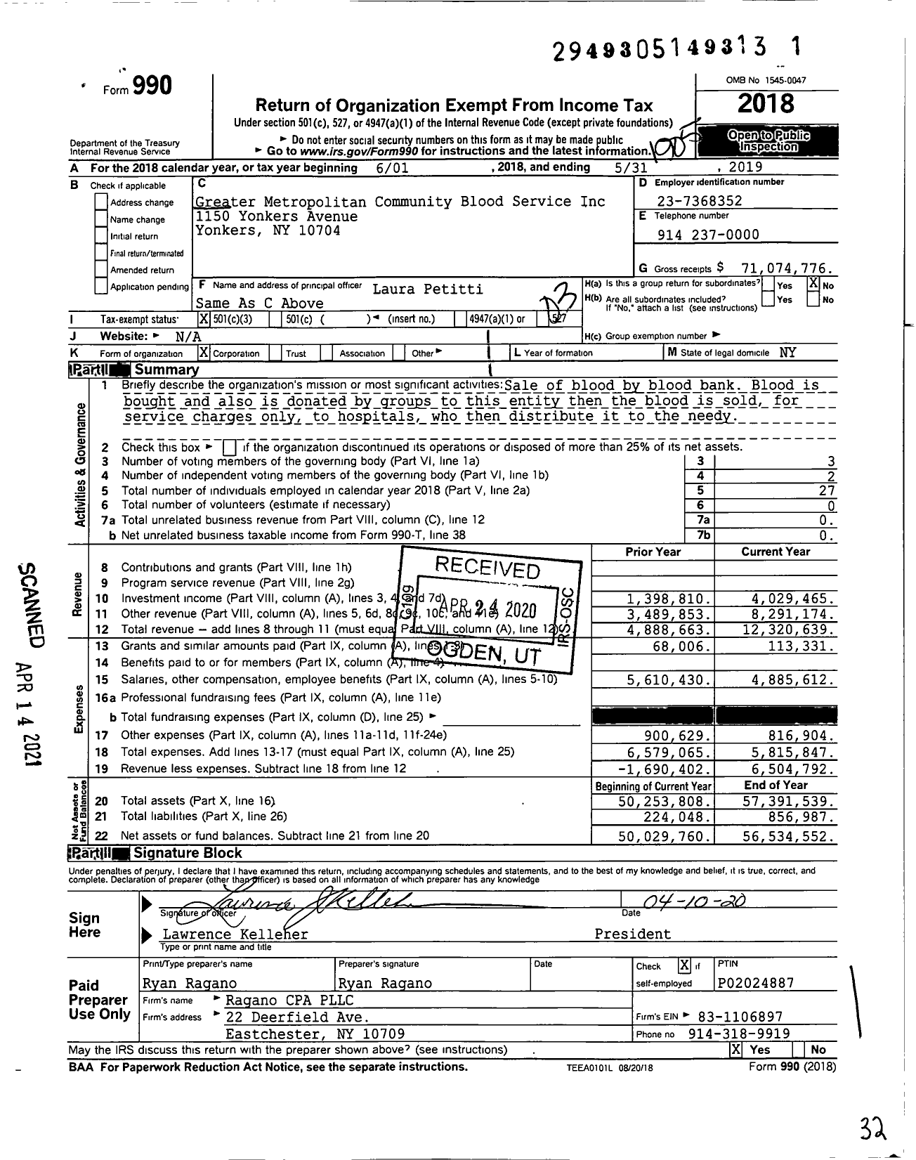 Image of first page of 2018 Form 990 for BloodBanker