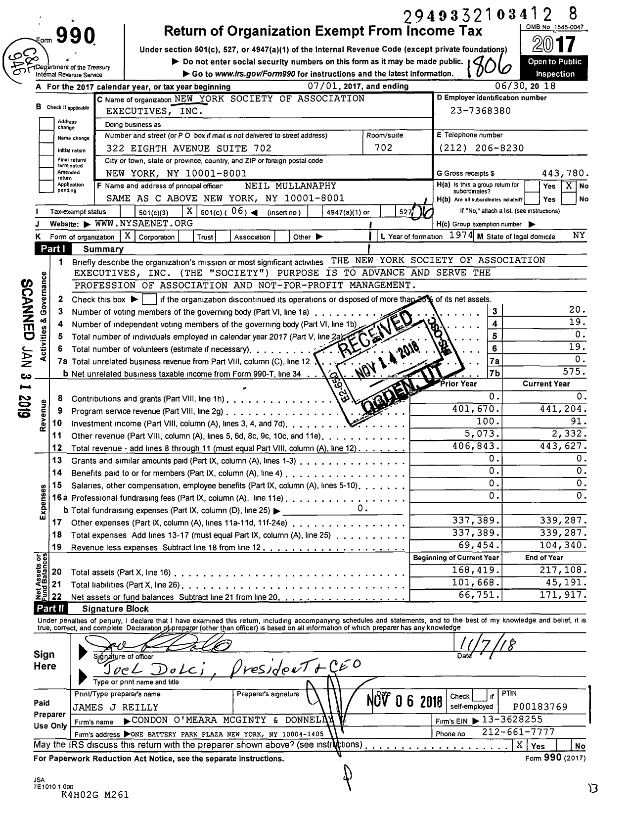 Image of first page of 2017 Form 990O for New York Society of Association Executives