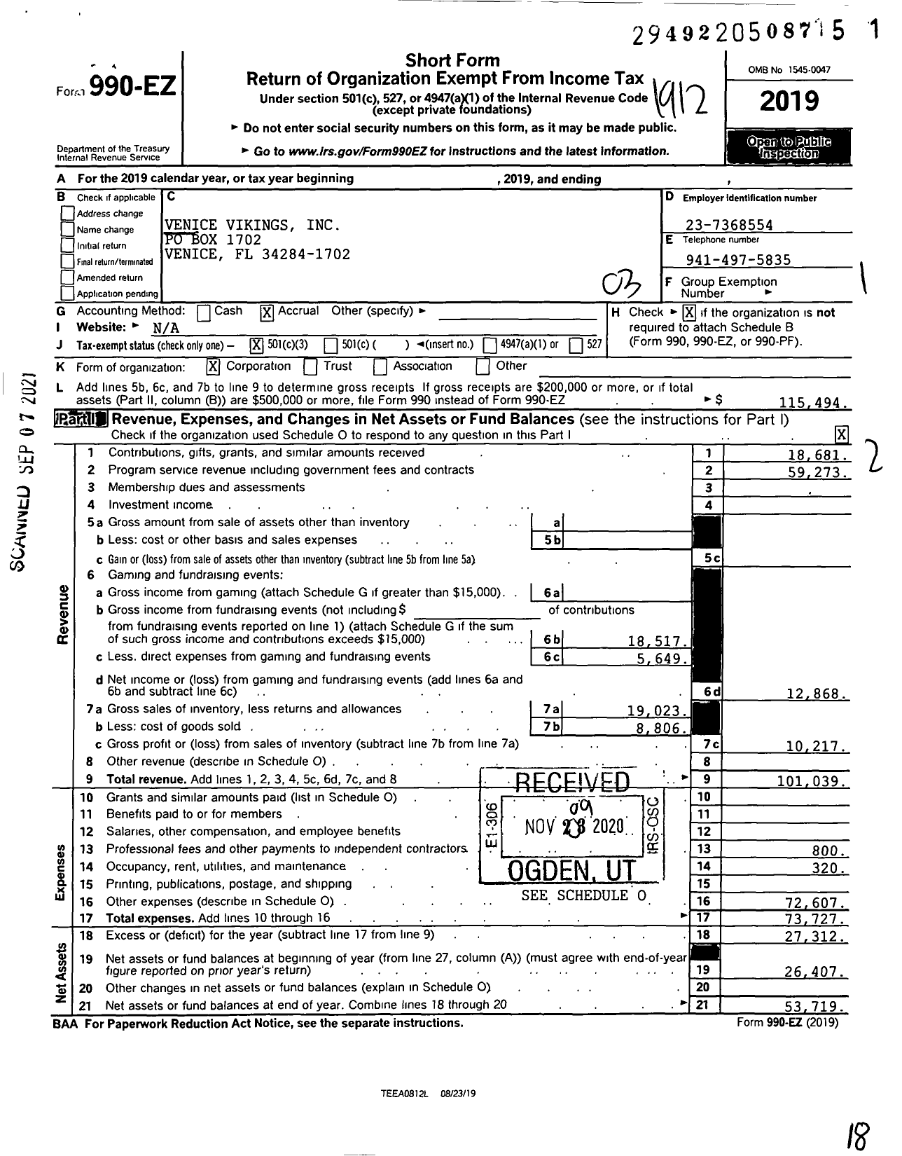 Image of first page of 2019 Form 990EZ for Venice Vikings