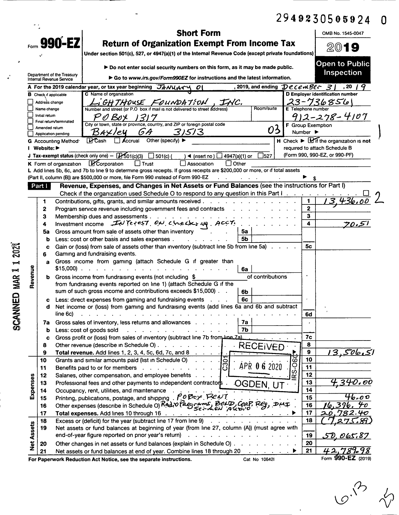 Image of first page of 2019 Form 990EZ for Lighthouse Foundation