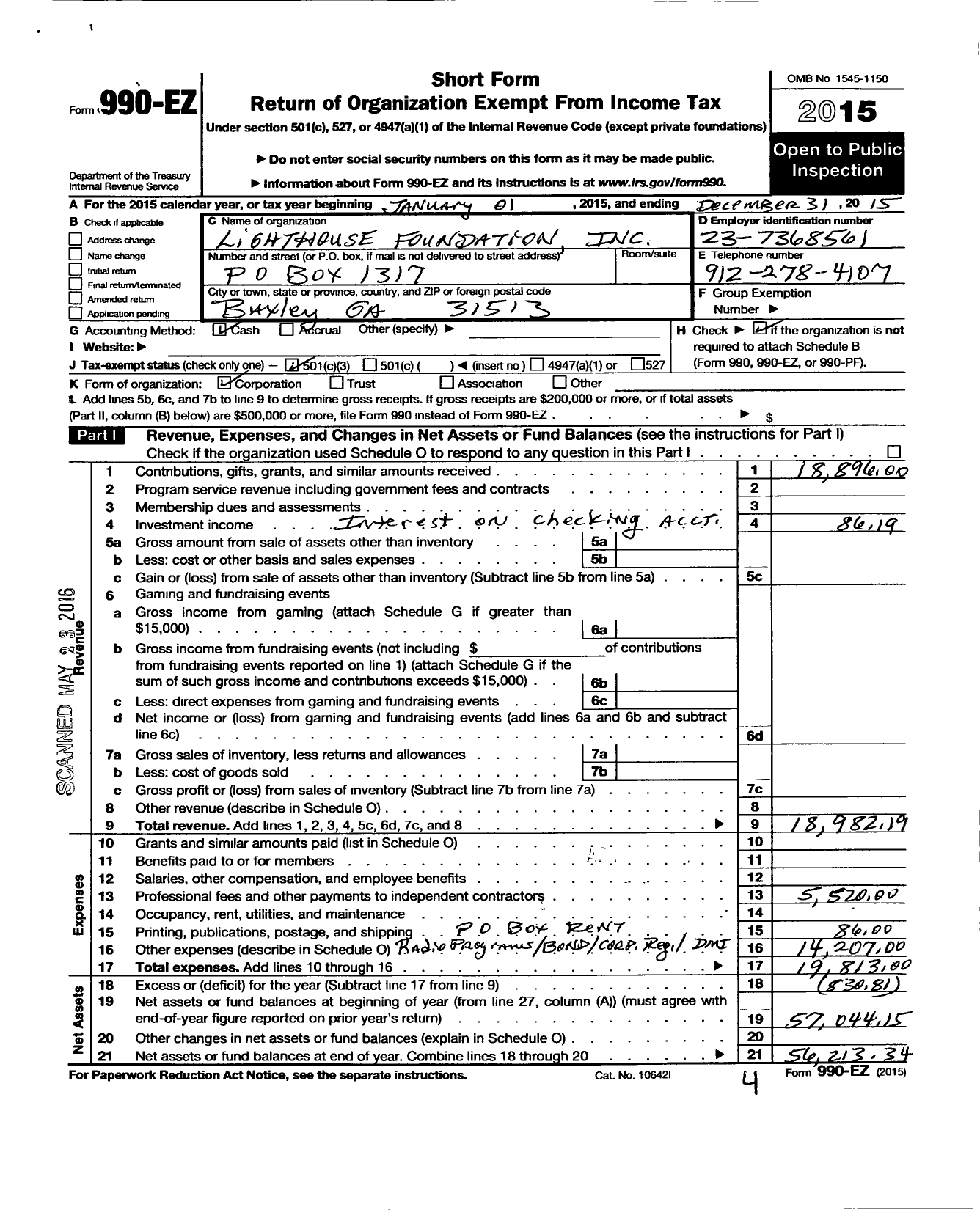 Image of first page of 2015 Form 990EZ for Lighthouse Foundation