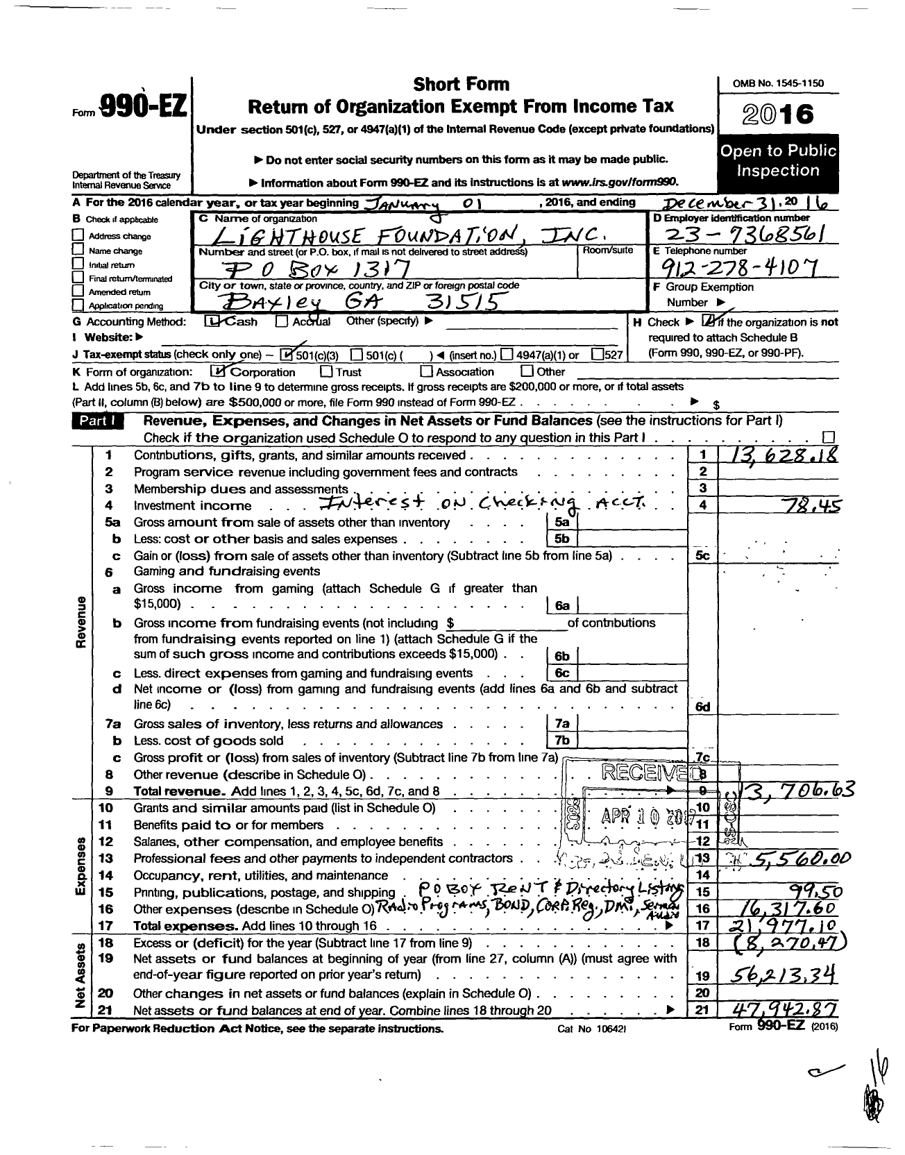 Image of first page of 2016 Form 990EZ for Lighthouse Foundation