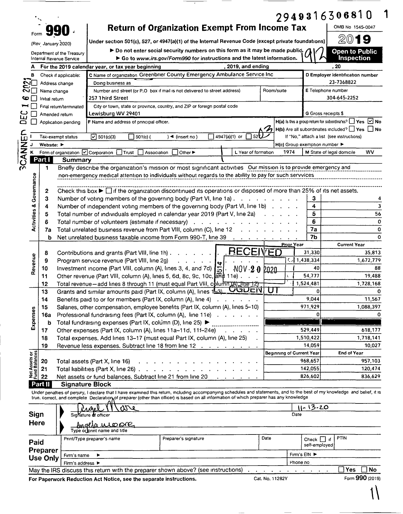 Image of first page of 2019 Form 990 for Greenbrier County Emergency Ambulance Service