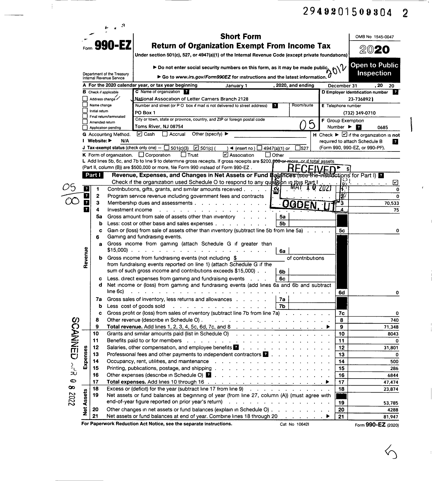 Image of first page of 2020 Form 990EO for National Association of Letter Carriers - 2128 Toms River New Jersey