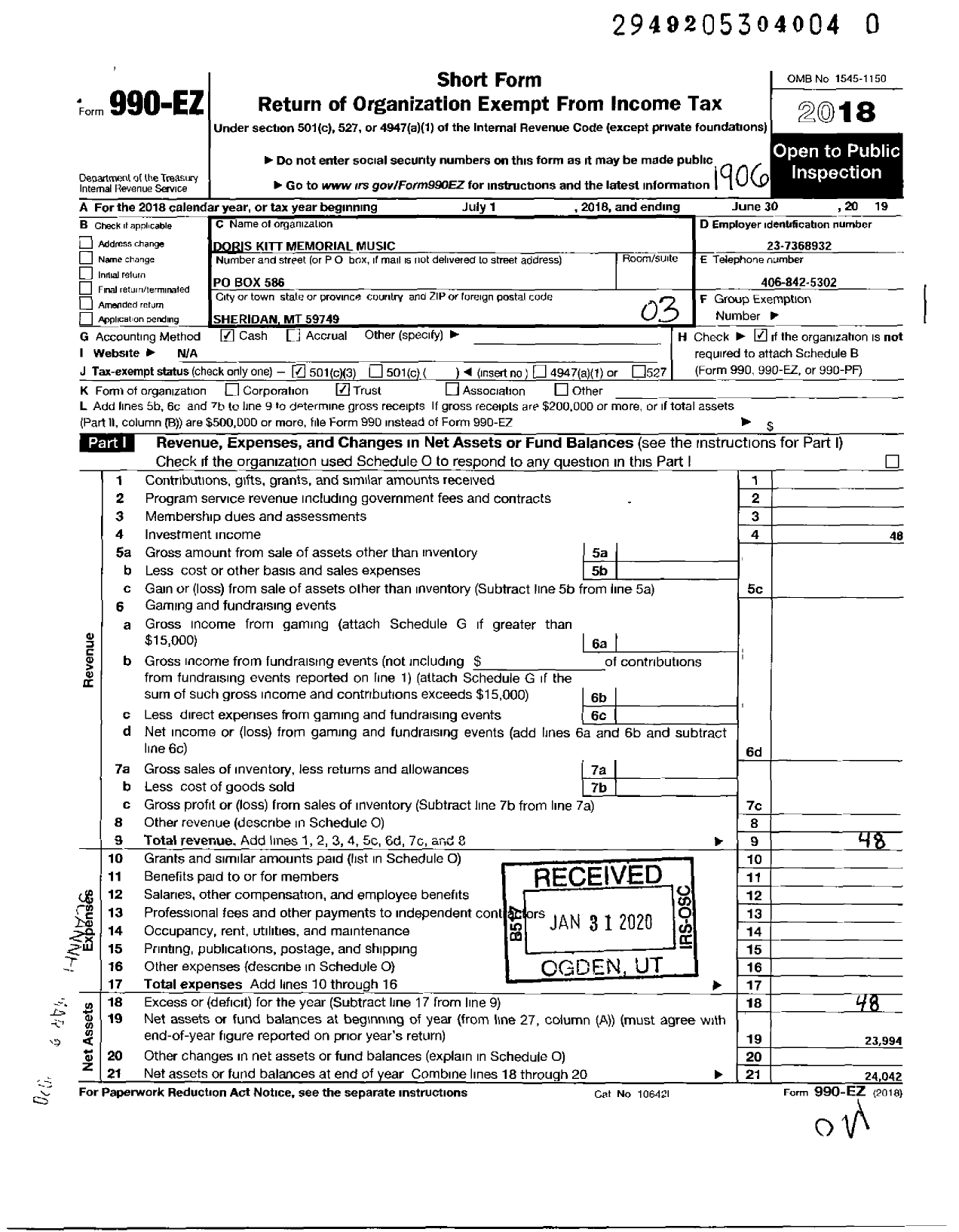 Image of first page of 2018 Form 990EZ for Doris Kitt Memorial Music Scholarship Trust