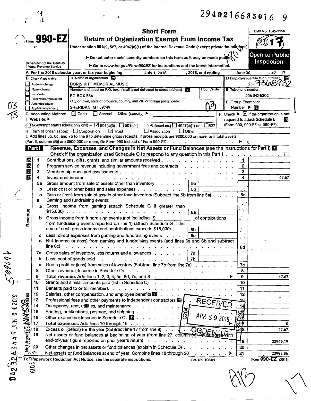 Image of first page of 2017 Form 990EZ for Doris Kitt Memorial Music Scholarship Trust