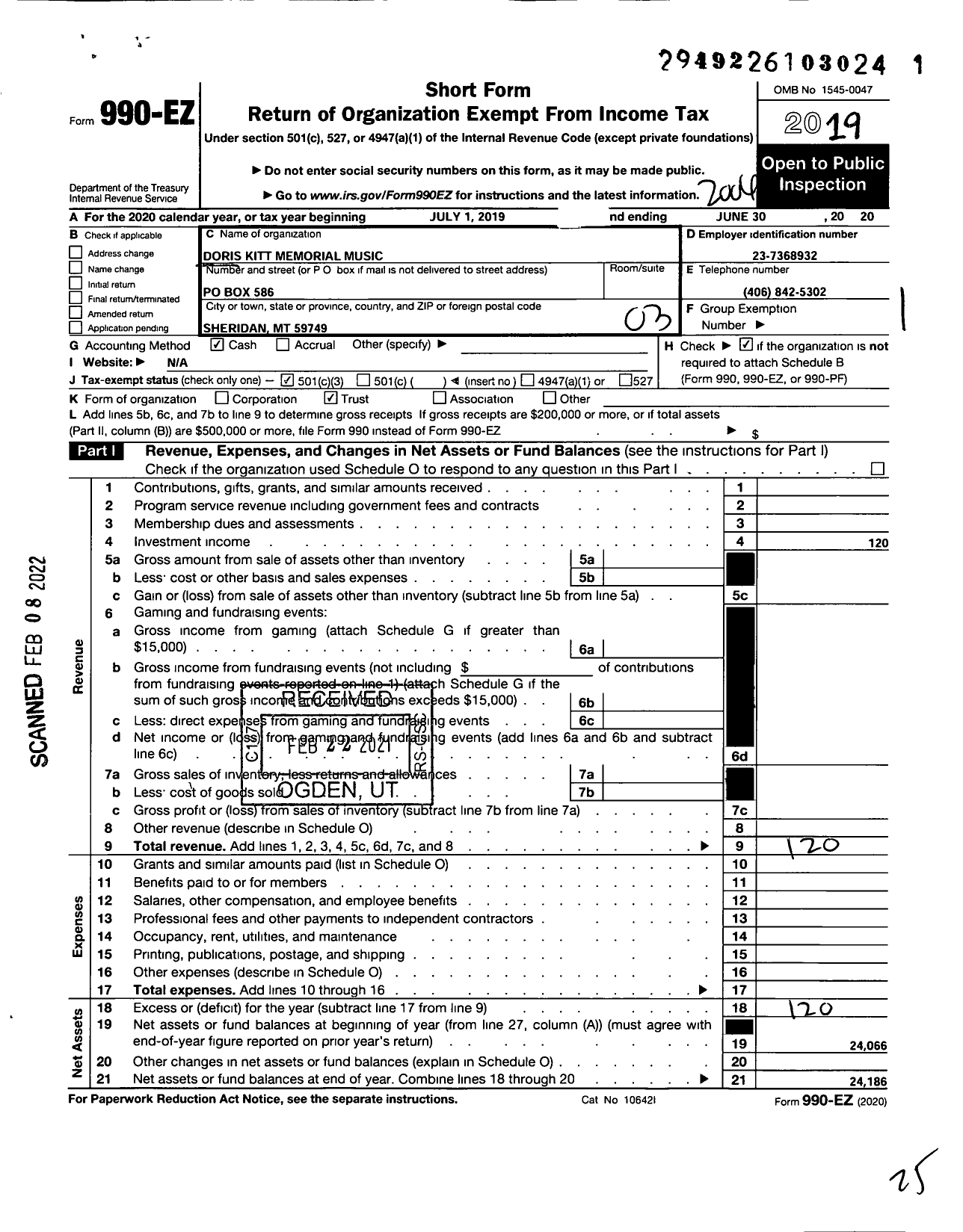 Image of first page of 2019 Form 990EZ for Doris Kitt Memorial Music Scholarship Trust