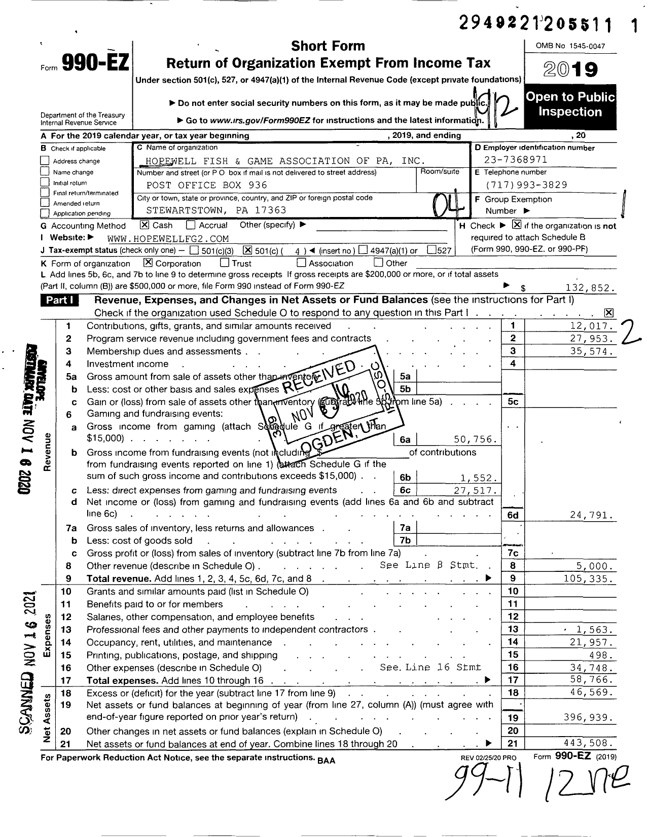 Image of first page of 2019 Form 990EO for Hopewell Fish and Game Association of Pa