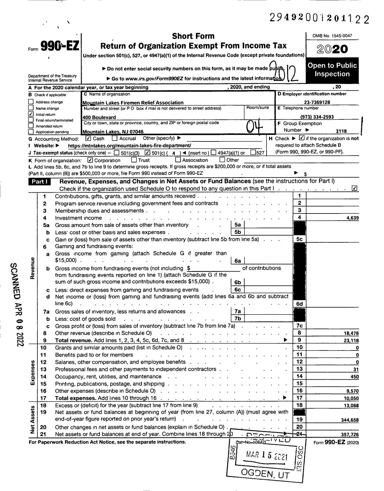 Image of first page of 2020 Form 990EO for NEW JERSEY STATE Firemen's Association - Mountain Lakes