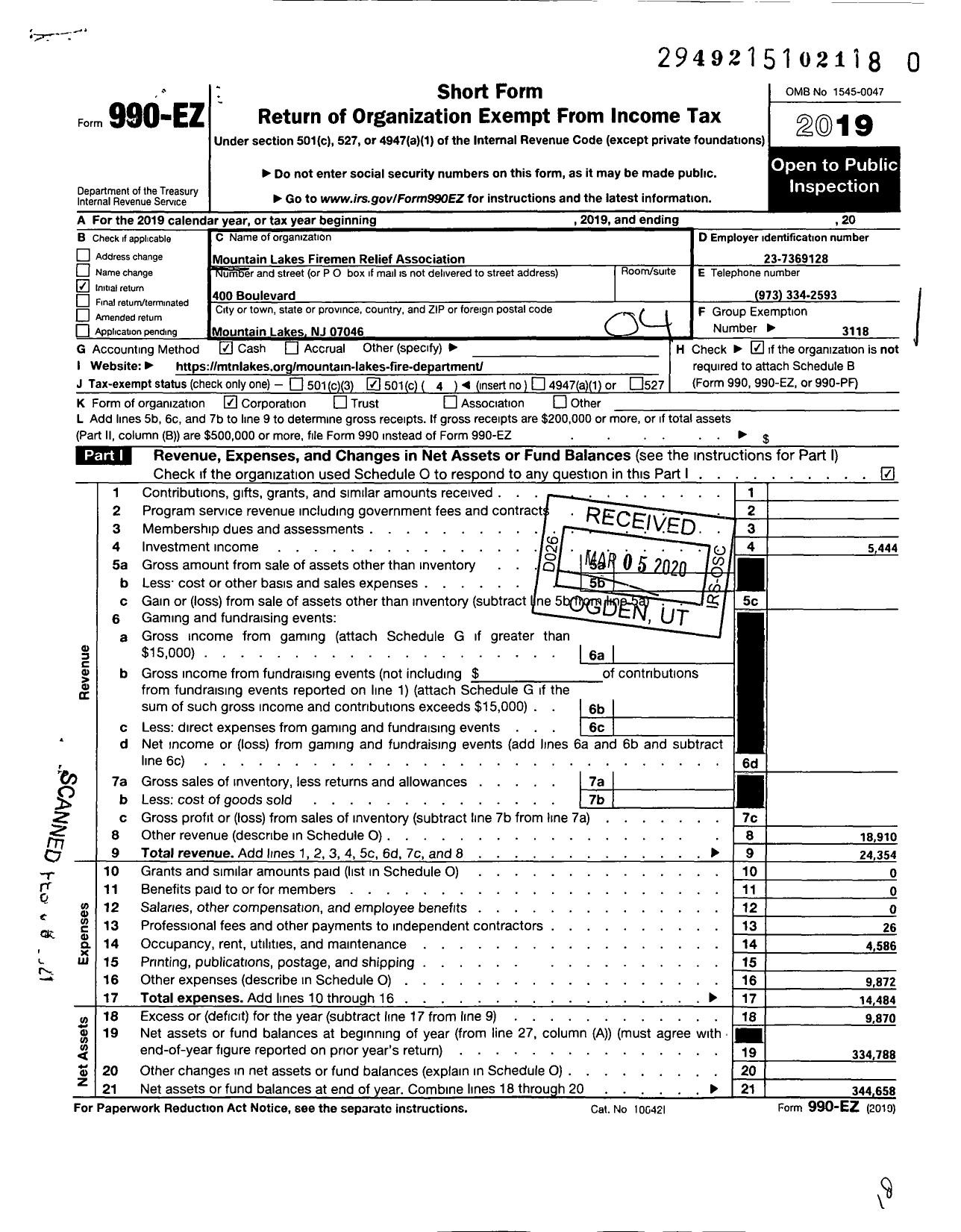 Image of first page of 2019 Form 990EO for NEW JERSEY STATE Firemen's Association - Mountain Lakes