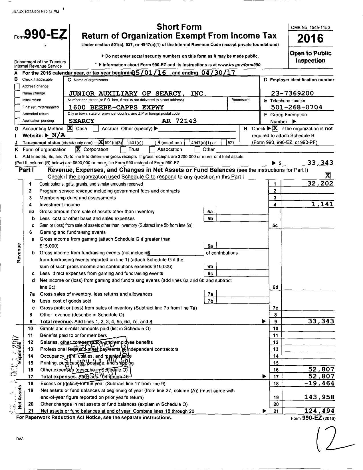 Image of first page of 2016 Form 990EZ for Searcy Junior Auxiliary