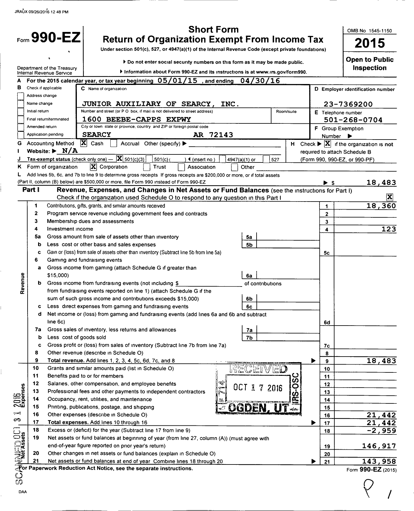 Image of first page of 2015 Form 990EZ for Searcy Junior Auxiliary