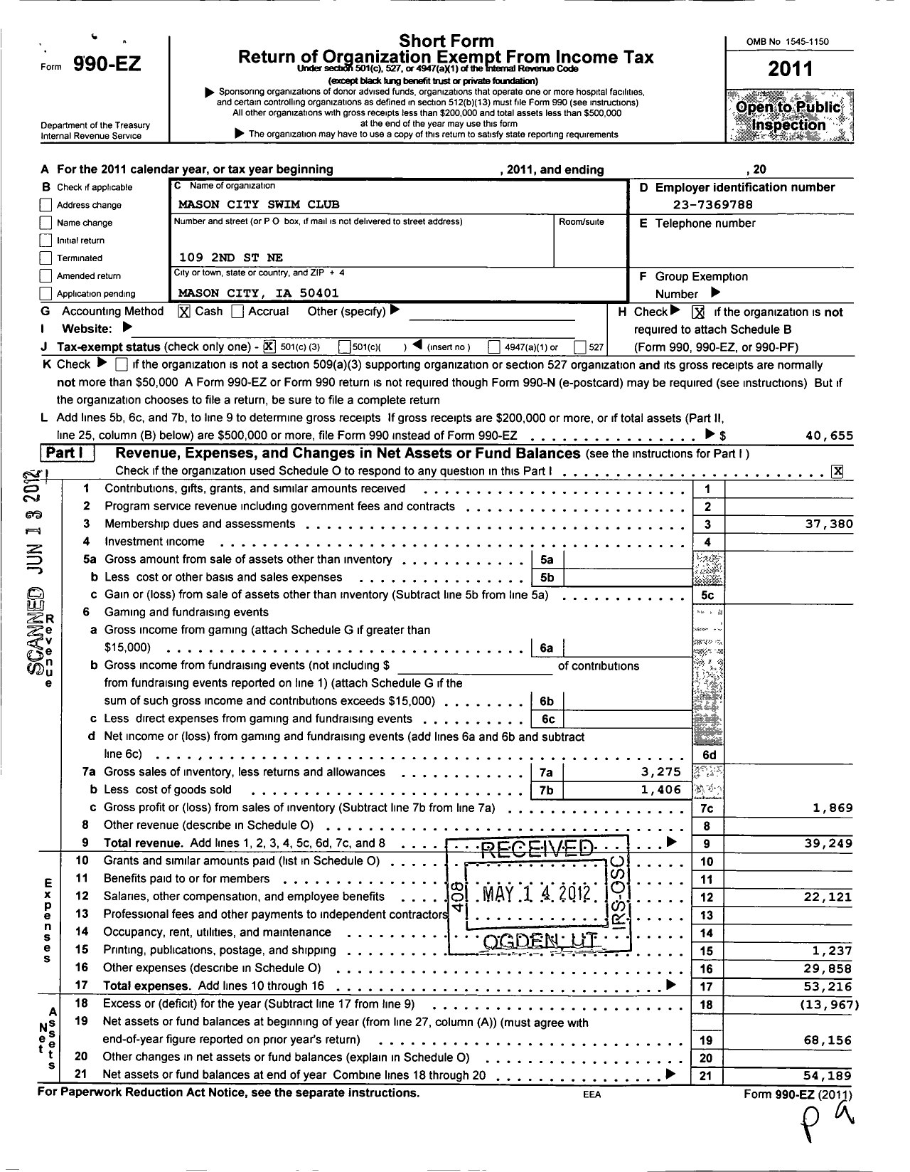 Image of first page of 2011 Form 990EZ for Mason City Swim Club