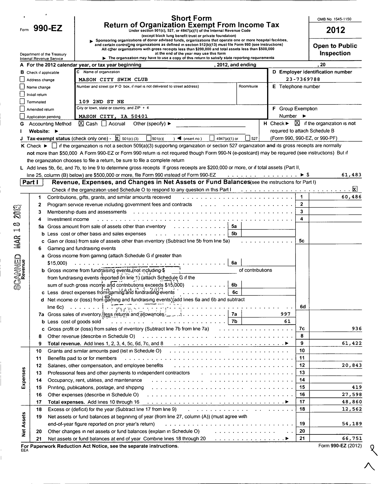 Image of first page of 2012 Form 990EZ for Mason City Swim Club