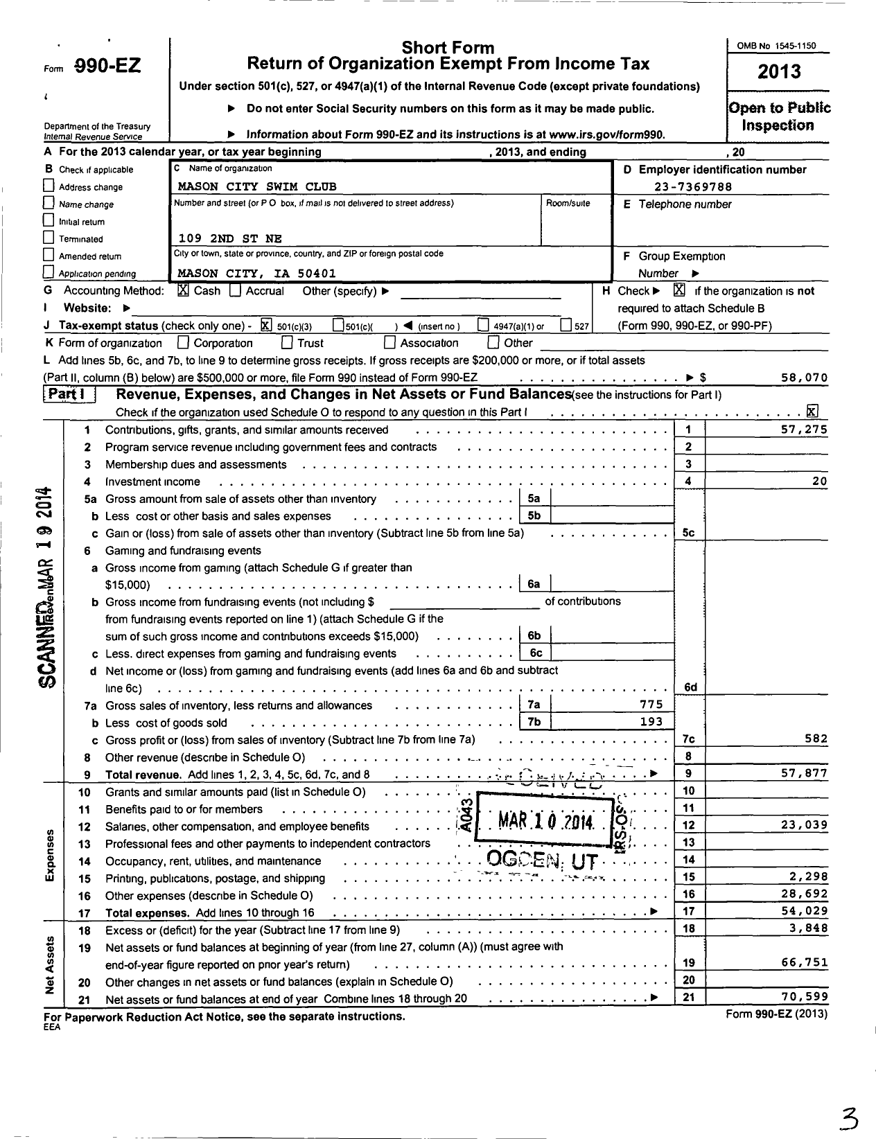 Image of first page of 2013 Form 990EZ for Mason City Swim Club