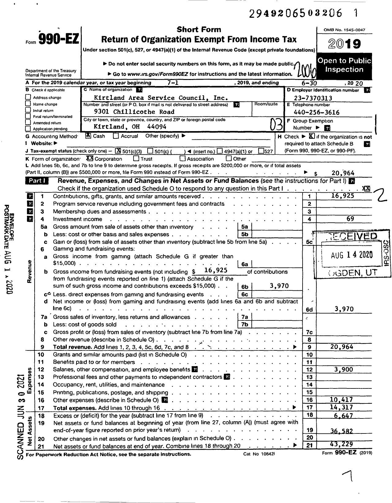 Image of first page of 2019 Form 990EZ for Kirtland Area Service Council