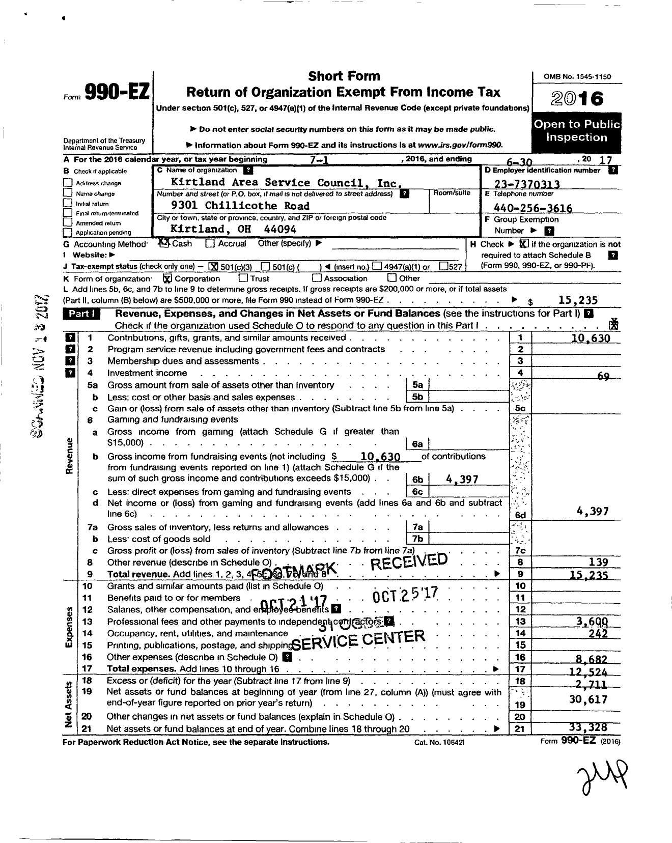 Image of first page of 2016 Form 990EZ for Kirtland Area Service Council