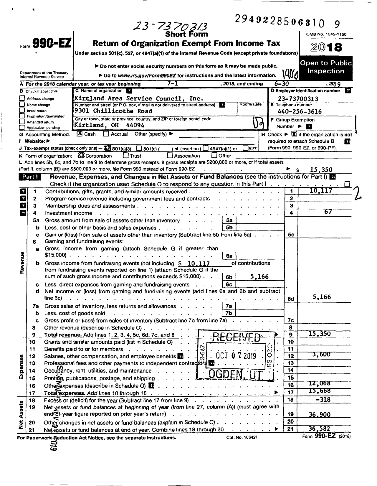 Image of first page of 2018 Form 990EZ for Kirtland Area Service Council