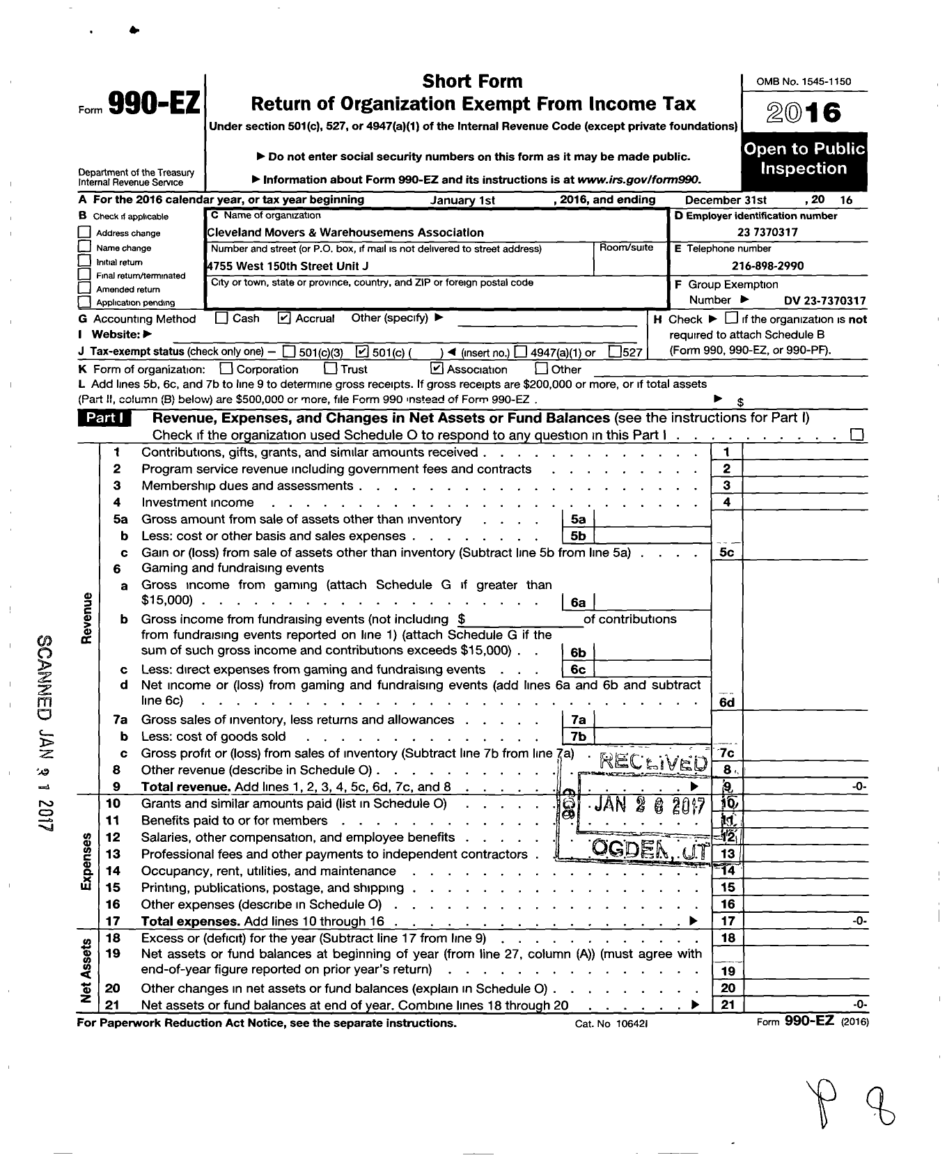 Image of first page of 2016 Form 990EO for Cleveland Movers and Warehousemens Association